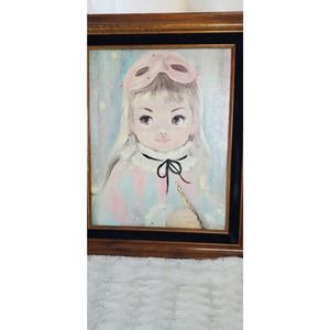 Vtg 60s Framed Print on Cardboard Girl Pastel Pink Blue Blond/Blue eye 17" x 14"